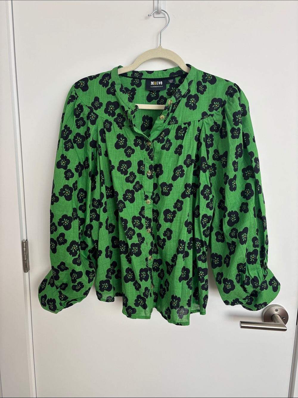 Maeve Green Floral Button-Up Blouse with Black Print